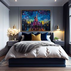 a bedroom with a large painting above the bed