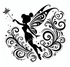 a black and white silhouette of a fairy holding a wand with swirls on it