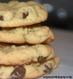 chocolate chip cookies stacked on top of each other