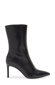 A center seam highlights the angular nature of this pointy-toe bootie balanced on a steep stiletto heel and secured with a quick side-zip closure. 3 1/2" heel (size 8.5) 8 1/2" shaft Side zip closure Synthetic upper/leather and synthetic lining/synthetic sole Imported Classic Pointed Toe Boots With 4-inch Heel, Fitted Mid-calf Boots With Sculpted Heel For Work, Modern Boots With 4-inch Heel And Pointed Toe, Classic Fitted Mid-calf Boots With Pointed Toe, Modern Mid-calf Boots With Sculpted High Heel, Office Heeled Boots With Padded Ankle, Fitted Heeled Boots With Padded Ankle For Office, Sleek Fitted Heeled Boots With Sculpted Heel, Modern Mid-calf Boots For Evening