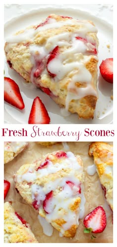 strawberry scones with creamy glaze are on a plate next to strawberries