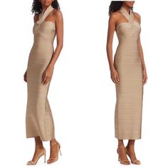 Featuring Herve Leger's Iconic Bandage-Style Design, This Cocktail Dress Has A Woven Bust Topped With A Crisscross Halter Neckline. It Has A Subtle Metallic Patina To Add A Hint Of Evening Elegance To This Piece. Halterneck Sleeveless Concealed Back Zip Back Vent Rayon/Nylon/Spandex Dry Clean Imported Size & Fit Bodycon Silhouette About 58" From Shoulder To Hem Model Shown Is 5'10" (177cm) Wearing Us Size Small Herve Leger 90s, Herve Leger Dress Bandage, Chic Travel Outfit, Cross Dress, Herve Leger Dress, Bandage Dress Bodycon, Herve Leger, Dresses Backless, Halter Neckline