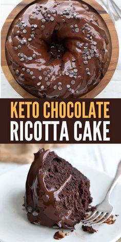 a chocolate cake on a plate with the words keto chocolate ricotta cake above it