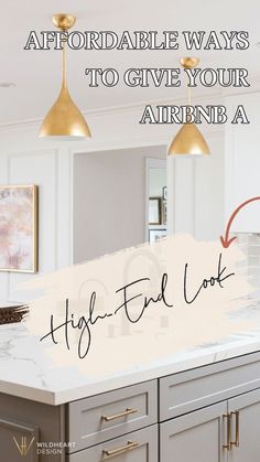 the kitchen counter is white and has gold accents on it, with an arrow pointing to the