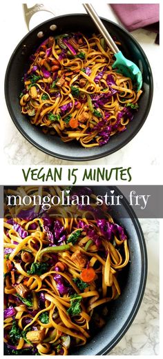 vegan noodles in a skillet with broccoli and carrots