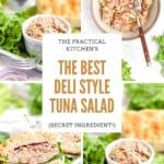 the best deli style tuna salad recipe is shown in four different pictures, including lettuce and cheese