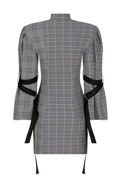 Plaid button-down fitted mini dress with button-down closure from neck to hem. Band collar. Includes shoulder pads for a structured look. Features different plaid patterns on the right side and the right sleeve of the dress. Adjustable ties on gather sleeves, allowing the wearer to arrange the fit and the height of the sleeves as they wish. Black logo printed on the length of the black ties.  Perfect as an editorial look or for a special occasion. Shell: 88% polyester, 12% elastane.  Trim: 100% Fitted Mini Dress For Daywear, Fitted Long Sleeve Mini Dress For Business, Fitted Mini Dress With Buttons For The Office, Semi-formal Fitted Shirt Dress With Button Cuffs, Mini Dress With Button Cuffs For Work, Workwear Mini Dress With Button Cuffs, Tailored Spring Mini Dress, Tailored Mini Dress For Spring, Mini Dress With Hidden Button Closure For Semi-formal Occasions