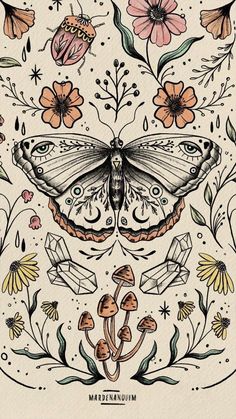 a drawing of a butterfly surrounded by flowers