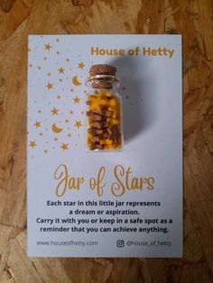 This miniature jar is packed full of gold stars handmade from polymer clay. The A6 display card features the following words as standard: Jar of Stars Each star in this little jar represents a dream or aspiration. Carry it with you or keep in a safe spot as a reminder that you can achieve anything. Not keen on this wording? Choose the 'custom text' option and write your own in the personalisation section. This would make a lovely gift for any loved one.Check out my other items: https://www.house Star Themed Gifts Ideas, Gifts In Small Glass Jars, Tiny Gifts Inspire Uplift ⭐, Wish Jars Ideas, Gifts In A Glass Jar, Creative Gifts Using Pint Jars, Gifts In Mini Jars, Crafts With Small Glass Jars, Small Jars Ideas