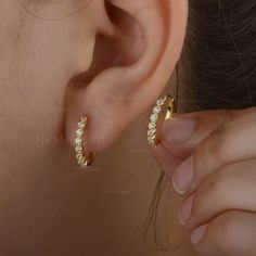 Natural 0.28 Ct. Diamonds Huggie Hoops Solid 14K Yellow Gold Hoop Earrings Handmade Fine Delicate Earrings by NY Minimalist * SKU: DSC_7186 * Made to Order * Gold Purity: 14K Solid Yellow Gold (stamped) * Custom Gold Color: Rose Gold, Yellow Gold, White Gold * Custom Gold Purity: 9K/14K/18K (Charges Apply) * Diamond 100% Genuine Diamond * Diamond Weight: 0.28 ct. * Diamond Color: G-H * Diamond Clarity: SI1- SI2 * Diamond Cut: Brilliant Cut (Excellent) Product Measurement Earrings Size (Inner Dia Gold Earrings Ring Type, Minimalist Gold Jewelry Earrings, Earing Designs Gold Daily Wear Indian, Gold And Diamond Hoop Earrings, Everyday Gold Earrings Indian, Small Gold Hoop Earrings Aesthetic, Ring Type Earrings Gold, Mini Earrings Gold, Classy Gold Earrings