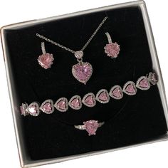 Silver Heart Cut Jewelry Sets For Valentine's Day, Heart-shaped Cubic Zirconia Jewelry Sets For Valentine's Day, Valentine's Day Silver Jewelry Sets With Heart Cut, Valentine's Day Silver Heart-cut Jewelry Sets, Elegant Heart Cut Jewelry Sets For Gift, Cubic Zirconia Heart Jewelry Sets For Gifts, Heart-shaped Jewelry Sets For Wedding And Mother's Day, Heart Jewelry With Gift Box For Her, Pink Jewelry Sets For Valentine's Day