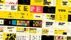 an assortment of posters are displayed on a yellow background with black and white images in the middle