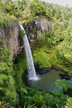 a large waterfall in the middle of a lush green forest