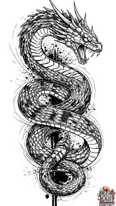 a black and white drawing of a snake on top of a pole with its mouth open