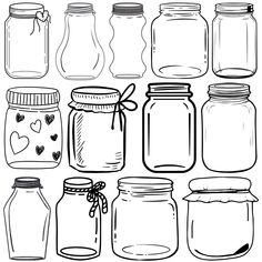 mason jars with hearts on them are shown in black and white, as well as the outline