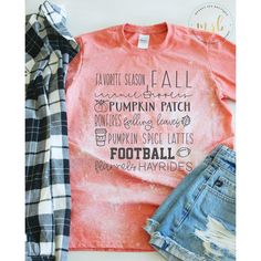 "Fall is my favorite time of year. Leaves changing color, crisp air, the return of pumpkin spice lattes and the list goes on! Custom made to order. Shirts are hand bleached. Each shirt is unique and different. No two shirts are alike. Perfect to pair with a flannel, jeans, and boots in colder climates to the pumpkin patch. In warmer climates, they look great with jeans, leggings, and shorts. Shirt color sample displayed: Bleached Heather Bronze Ink color sample displayed: Gray | C U S T O M I Z Cheap Pre-shrunk Shirt For Fall, Cotton Letter Print Shirt For Fall, Cotton Shirt With Letter Print For Fall, Fall Cotton Shirt With Letter Print, Fall Cotton Shirt In Orange, Orange Cotton Shirt For Fall, Soft-washed Relaxed Fit Shirt For Fall, Orange Shirt With Graphic Print For Fall, Orange Graphic Print Shirt For Fall