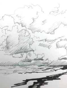 an ink drawing of clouds over the ocean