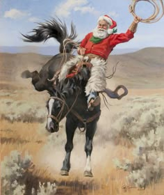 an oil painting of santa riding a horse with a lasso in his hand and waving