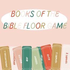 the books of the bible floor game are lined up on top of each other, with an empty thought bubble above them