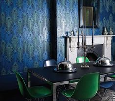 Pippy's Peacock Wallpaper - Silver Room Setting Snakeskin Wallpaper, Feather Peacock, Silver Room, Peacock Wallpaper, Feather Wallpaper, Texture Inspiration, Room Setting, The Peacock, Decorating Style