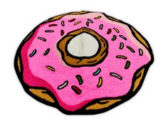 a pink donut with chocolate sprinkles on it's side, sitting in front of a white background