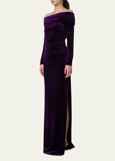 Find AKRIS Long Velvet Off-shoulder Ruched Gown on Editorialist. Akris stretch velvet gown with ruched detail and draped waist Offtheshoulder neckline Long sleeves Sheath silhouette Side slits Full length Polyester/elastane Dry clean Made in Switzerland Luxury Fitted Off-shoulder Gown, Off-shoulder Purple Gown For Formal Occasions, Fitted Off-shoulder Purple Gown, Purple Off-shoulder Gown For Formal Occasions, Purple Fitted Off-shoulder Gown, Purple Off-shoulder Formal Gown, Ruched Gown, Velvet Gown, Stretch Velvet