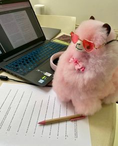 a small stuffed animal sitting on top of a desk next to a laptop and pen