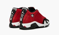 The Air Jordan 14 GS “Gym Red” is the youth sizing of the colorway that pays homage to Michael Jordan’s former team, the Chicago Bulls.  Famous for its race car inspired appearance and for being the final shoe worn by Jordan during his tenure with the Bulls, the Jordan 14 is considered by many sneaker purists to be the last of the “original” Air Jordan models.  Here, the upper features a fiery red nubuck construction with a contrasting black nubuck toe.  The badge-like Jumpman emblem on the coll Original Air Jordans, Jordan Model, Stadium Goods, Kids Jordans, Fiery Red, The Youth, Sketchers Sneakers, Red Shoes, Chicago Bulls