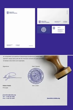 a blue and white envelope with a rubber stamp on it, next to a letterhead