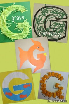 four different types of crafts for kids to make with grass and paper, including letter g