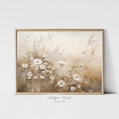 a painting on the wall with white and brown flowers in it, along with an inscription that reads'autumn daisies collection '