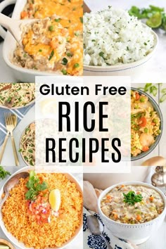 several different types of rice in bowls with the words gluten free rice recipes