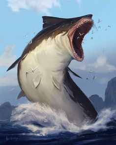 a large shark with its mouth open in the water and birds flying around behind it