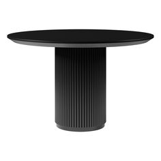 a black round table with pleated design on the top and bottom, in front of a white background