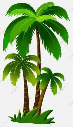 two palm trees with green leaves on white background