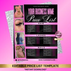 the editable price list for your business name is shown in pink and black colors