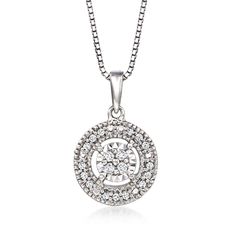 Ross-Simons - .20ct t. w. Diamond Jewelry Set: Circle Earrings, Pendant Necklace. 18". Our glitzy set offers quintessential diamond sparkle for a nice price! .20 ct. t. w. diamond rounds dazzle in halo-style circle earrings with post/clutch backings and a matching pendant necklace on a box chain with a springring clasp. Finely crafted in polished sterling silver with milgrain details. Diamond jewelry set. Diamond birthstones are the perfect gift for April birthdays. Sparkling White Gold Round Diamond Necklace, Sparkling Round White Gold Diamond Necklace, Sparkling Round Cubic Zirconia Diamond Necklace, Formal Sparkling Round Diamond Necklace, Sparkling Round Diamond Necklace In Sterling Silver, Sparkling Diamond Round Necklace, Sparkling Sterling Silver Diamond Necklace, Sparkling Round Cut Diamond White Jewelry, Diamond White Jewelry With Sparkling Stones In Round Pendant