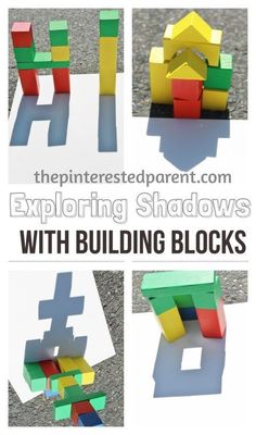 the instructions for building blocks with colored construction paper and text overlay that reads, exploring shadows with building blocks