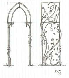 an architectural drawing shows the details of a decorative ironwork window and door, which has been drawn in pencil