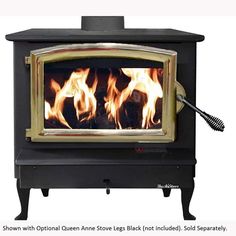 a black stove with flames in it