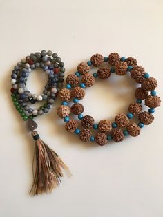 Rudraksha Mala Necklace. 15mm Rudraksha with Alternating Turquoise 8mm Beads. For Mindfulness Meditation Green Mala Necklace As Festival Gift, Spiritual Turquoise Beaded Necklaces For Festivals, Green Spiritual Jewelry For Puja, Hand-strung Beaded Necklaces As Festival Gifts, Festive Hand-strung Beaded Necklaces As Gifts, Green Mala With 8mm Beads For Healing, Hand-strung Green Mala As Gift, Green Polished Beads Mala As Gift, Green Polished Beads Mala For Gift