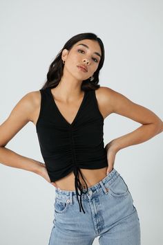 COCO - BLACK – Belen Chic Black Top With Drawstring, Summer Black Ruched Tops, Black Ruched Summer Tops, Black Ruched Tops For Summer, Summer Cropped Ruched Tank Top, Trendy Cotton Crop Top With Drawstring, Casual Black Ruched Tank Top, Spring V-neck Top With Drawstring, V-neck Drawstring Top For Spring