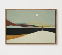 a painting with a person standing in front of a mountain and the moon above it