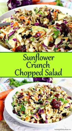 two pictures with different types of food in them and the words sunflower crunch chopped salad