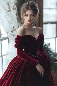 Winter Victorian Outfit, Red Victorian Dress, Aesthetic Prom Dress, 1950s Gown, Gown Aesthetic, Debut Gowns, Red Ball Gown