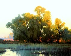 an oil painting of trees and water at sunset