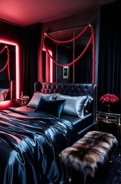 a black bedroom with red lights and a bed in the middle is surrounded by fur rugs