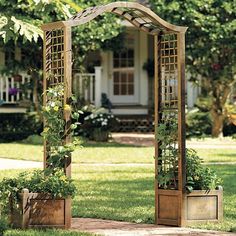 a wooden arbor with potted plants in it