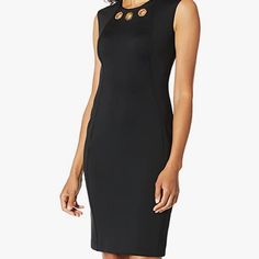 Petite Poly-Spandex Form Fitting Sheath Dress. Black Elastane Sheath Bodycon Dress, Elegant Black Elastane Bodycon Dress, Black Sheath Bodycon Dress, Black Elastane Bodycon Dress With Flattering Silhouette, Black Sheath Midi Dress In Elastane, Elegant Calvin Klein Stretch Bodycon Dress, Black Elastane Dresses For Work, Black Elastane Dress For Work, Elegant Black Calvin Klein Dress