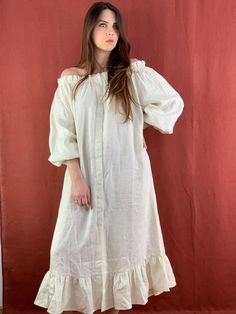 "Handmade ivory color linen dress with 3/4 long sleeves and 2 pockets, perfect for casual wear and suitable for any occasion in any season Details: - 100% natural linen produced in Europe ; - medium weight (180 gram per square meter); - color: ivory, could be any from our colors catalo (color samples at the photo); Made to order, approximately a few days, If you have any questions please message me and I will be glad to answer. Size guide : Size XS Bust: fits bust around 33\"-34\"/ 84-88 cm Wais Summer Maxi Dress With 3/4 Sleeve For Daywear, Summer Maxi Dress With 3/4 Sleeves, Off White Linen Summer Dress, Cream Linen Midi Dress For Summer, Cream Midi Linen Dress For Summer, Casual Cream Linen Maxi Dress, Bohemian Beige Half Sleeve Dress, Cream Linen Midi Dress, Spring Cream Linen Maxi Dress